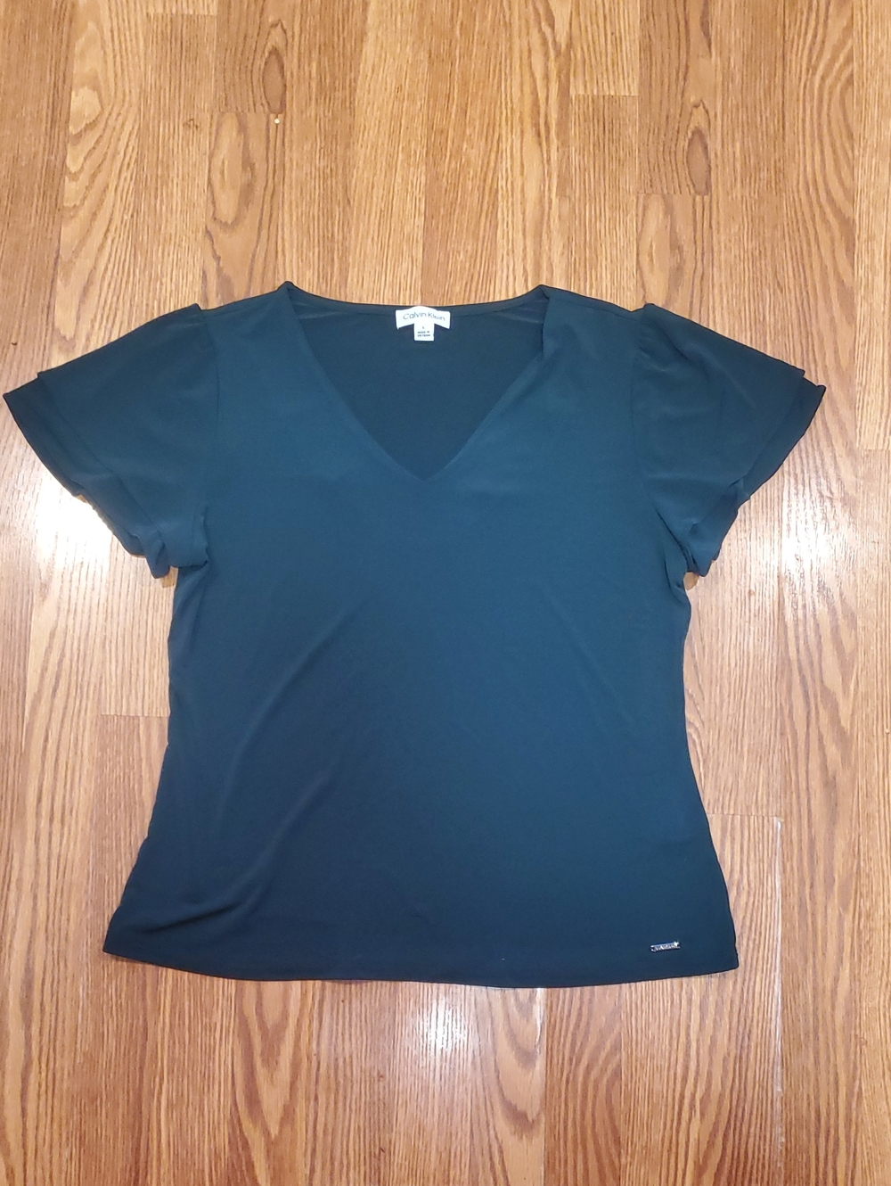 Calvin Klein Deep Green V-Neck Short Sleeve Top With Flutter Sleeves